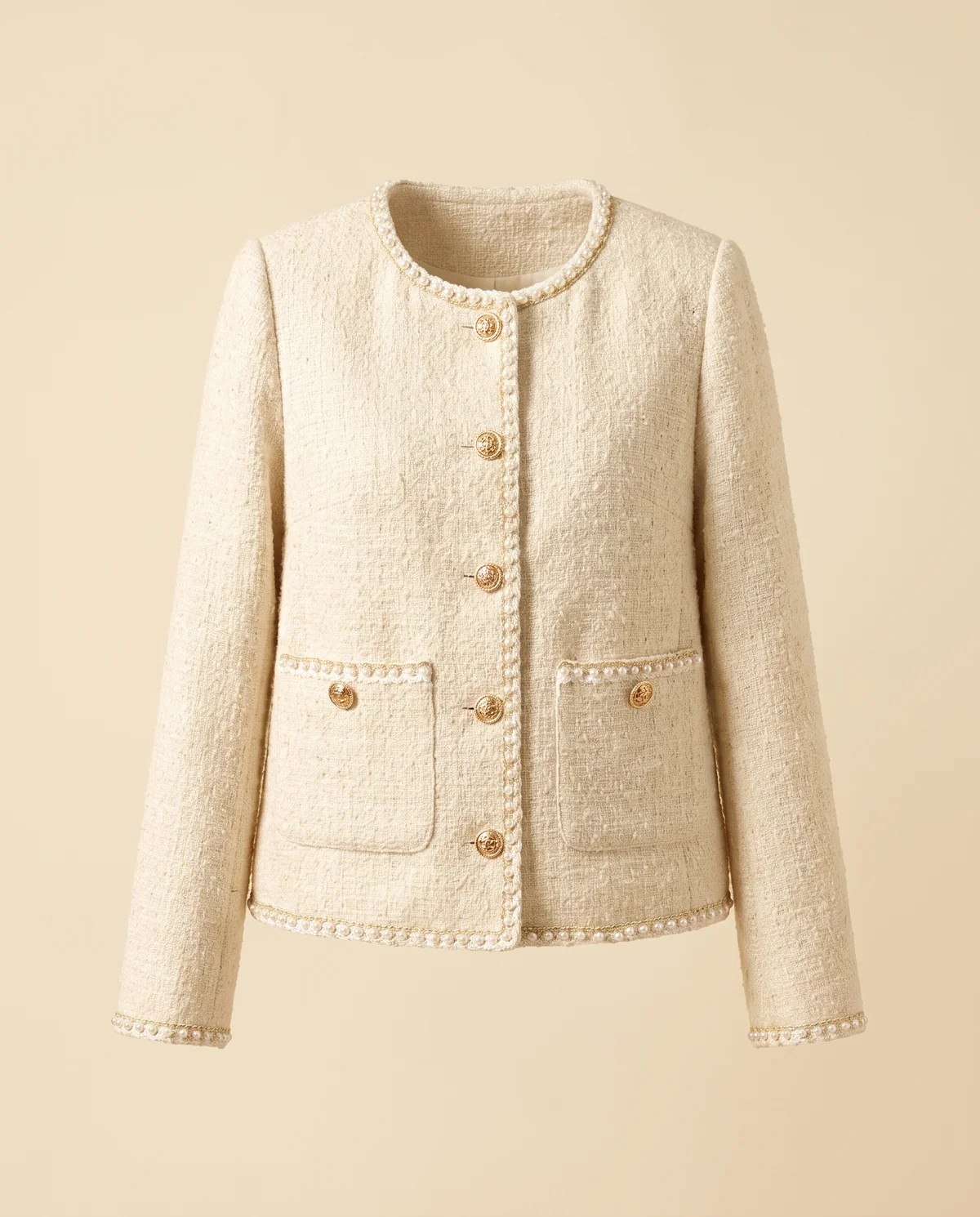 Pearl-Trim Tweed Jacket in Ivory, product shot on a plain background