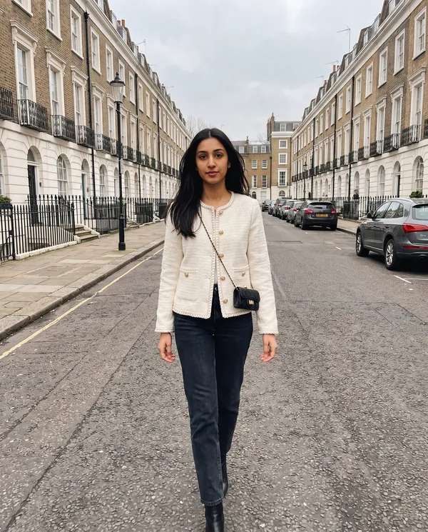 Satin Eve styling: Pearl-Trim Tweed Jacket