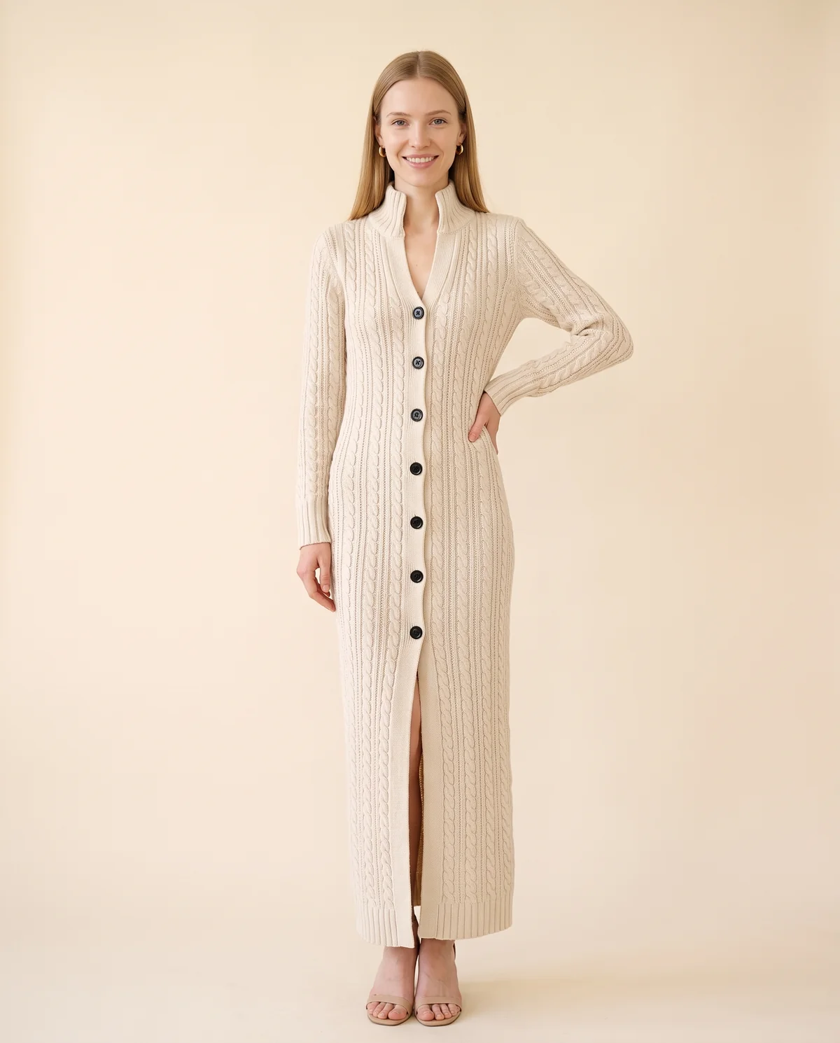 Cable Knit Longline Cardigan in Cream, front view, worn by Maya