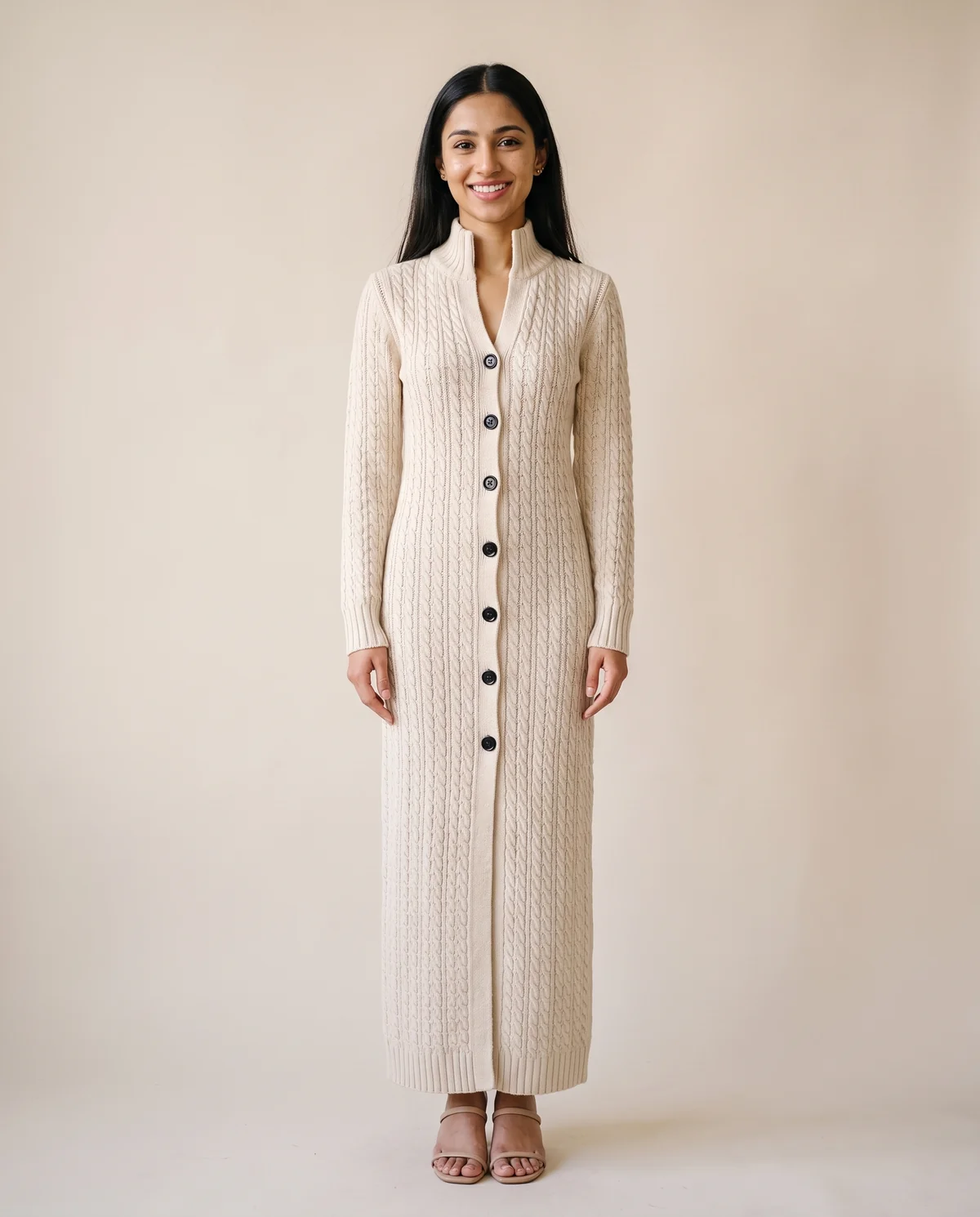 Cable Knit Longline Cardigan in Cream, front view, worn by Priya