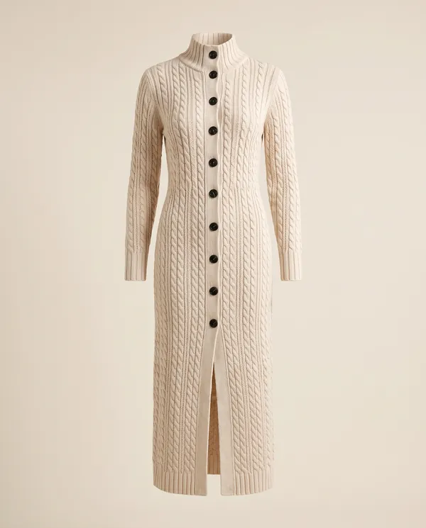 Cable Knit Longline Cardigan in Cream, product shot on a plain background