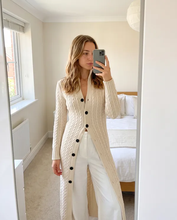 Satin Eve styling: Cable Knit Longline Cardigan