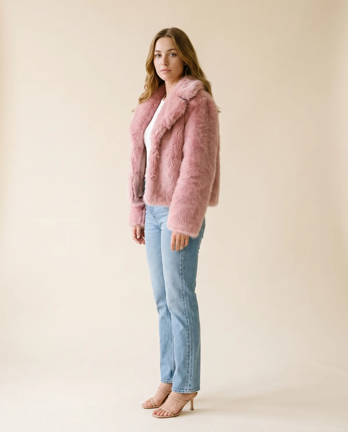 Faux Fur Cropped Jacket in Rose Pink, side view, worn by Ava