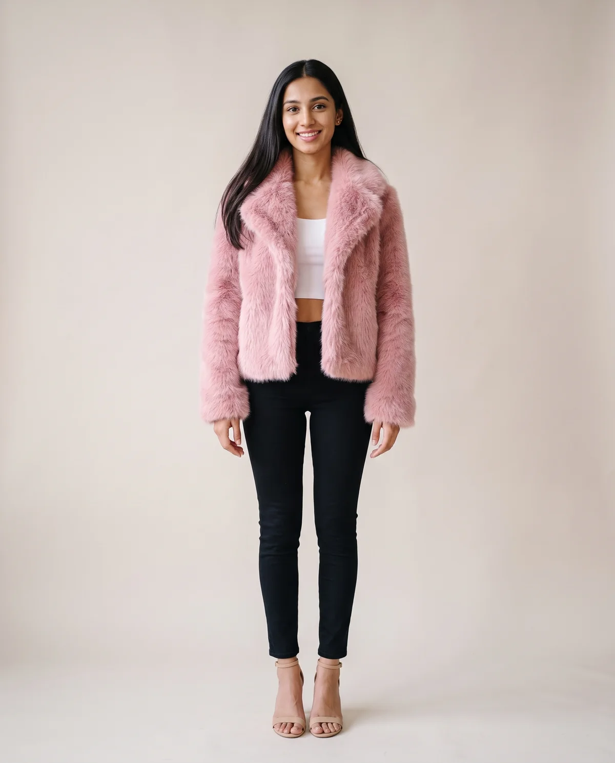 Faux Fur Cropped Jacket in Rose Pink, front view, worn by Priya