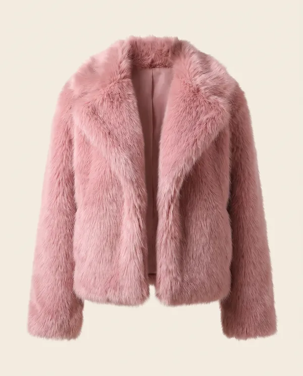 Faux Fur Cropped Jacket in Rose Pink, product shot on a plain background