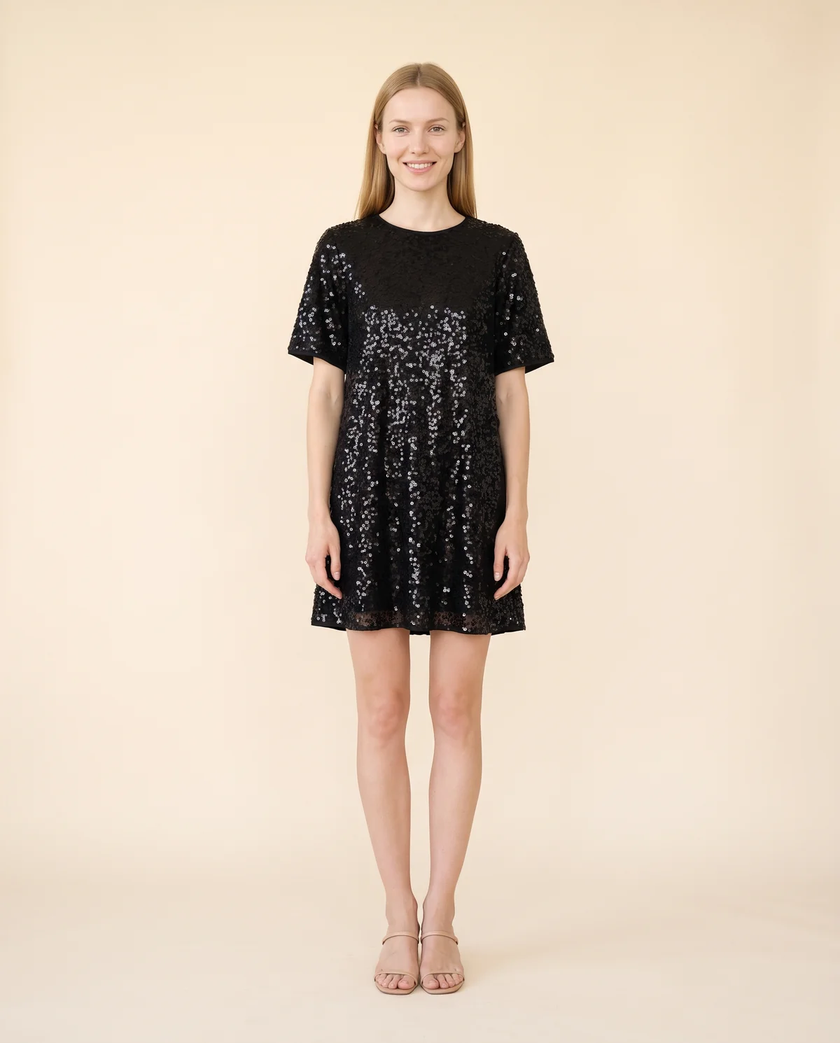 Oversized Sequin Mini Tee Dress in Black, front view, worn by Maya