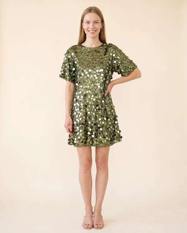 Oversized Sequin Mini Tee Dress in Green, front view, worn by Maya