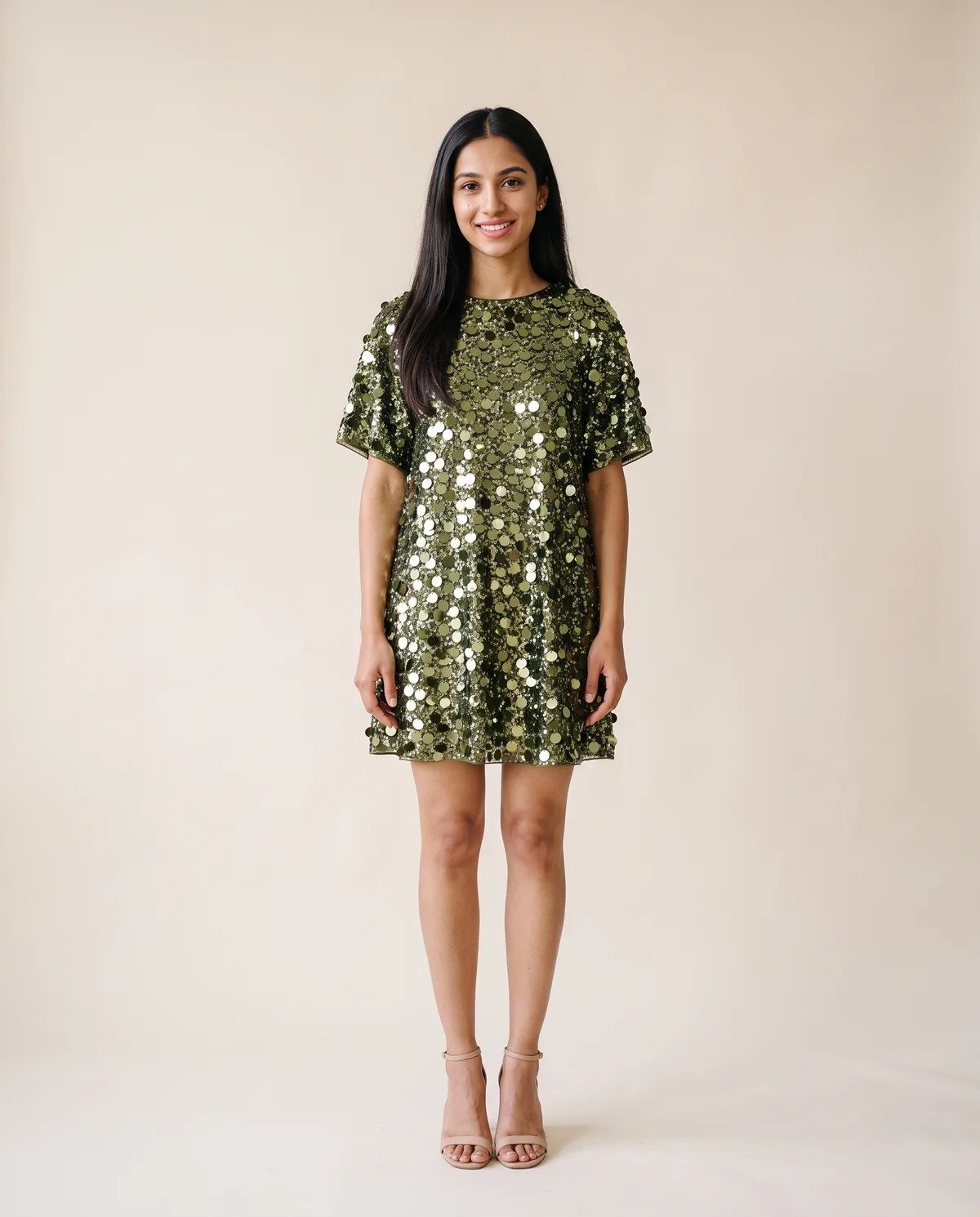 Oversized Sequin Mini Tee Dress in Green, front view, worn by Priya