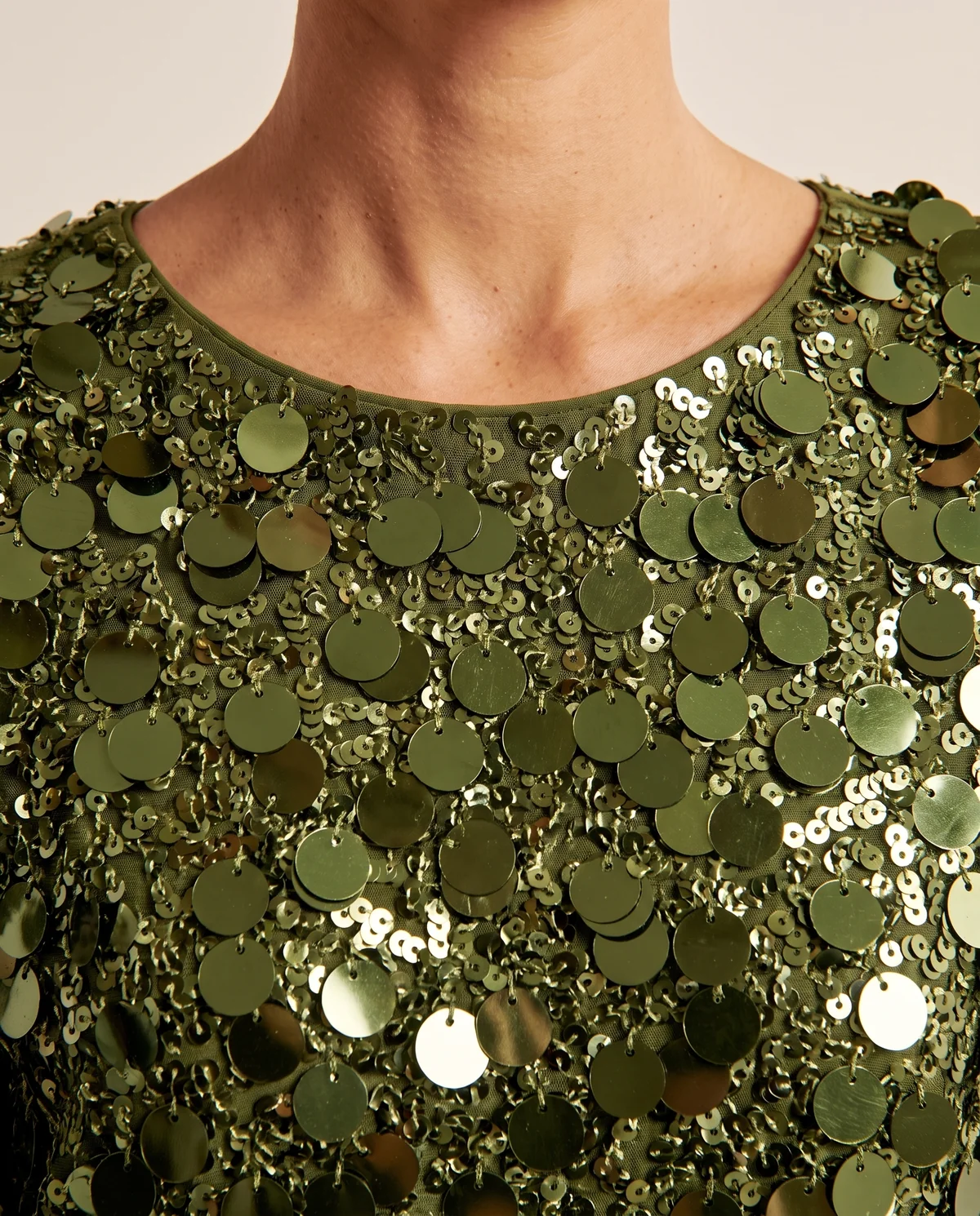 Oversized Sequin Mini Tee Dress in Green, close-up of the detail