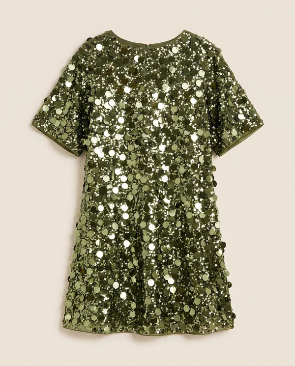 Oversized Sequin Mini Tee Dress in Green, product shot on a plain background