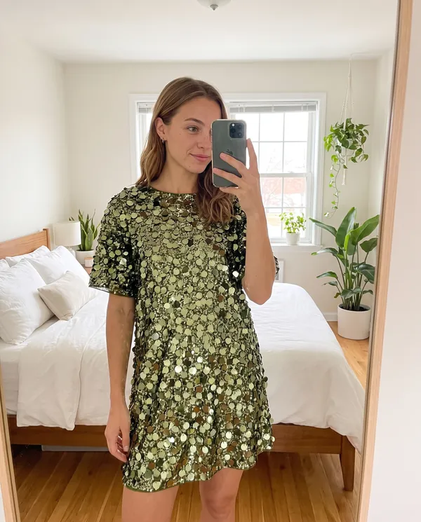 Satin Eve styling: Oversized Sequin Mini Tee Dress