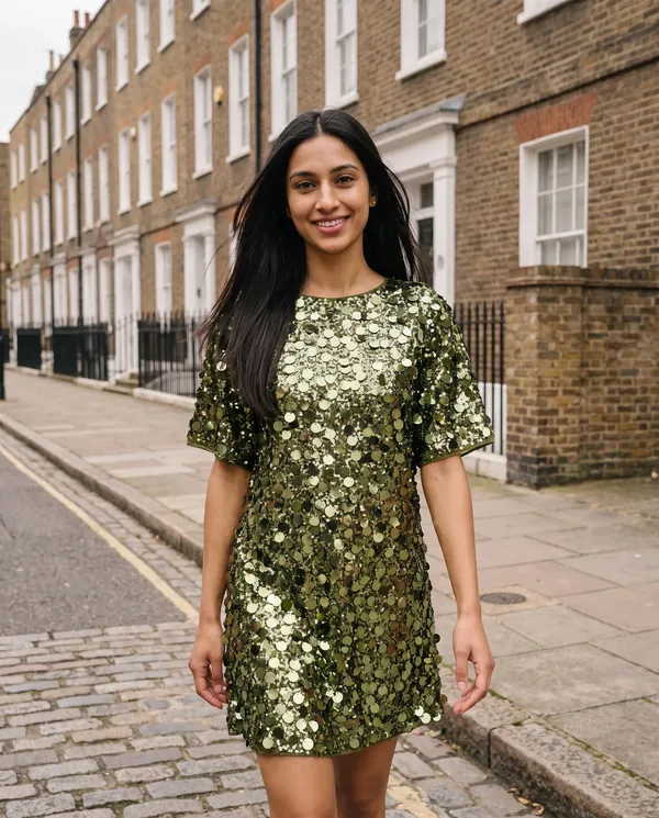 Satin Eve styling: Oversized Sequin Mini Tee Dress