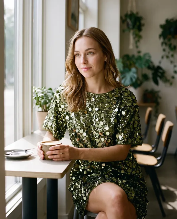 Satin Eve styling: Oversized Sequin Mini Tee Dress