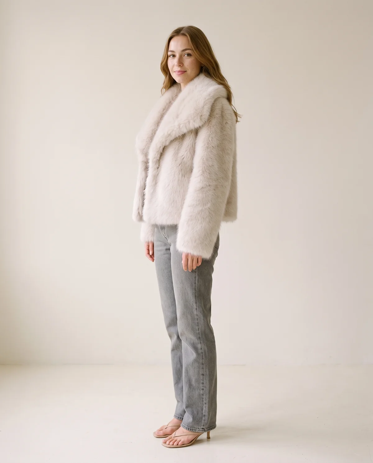 Ivory Faux Fur Short Jacket in Ivory, side view, worn by Ava