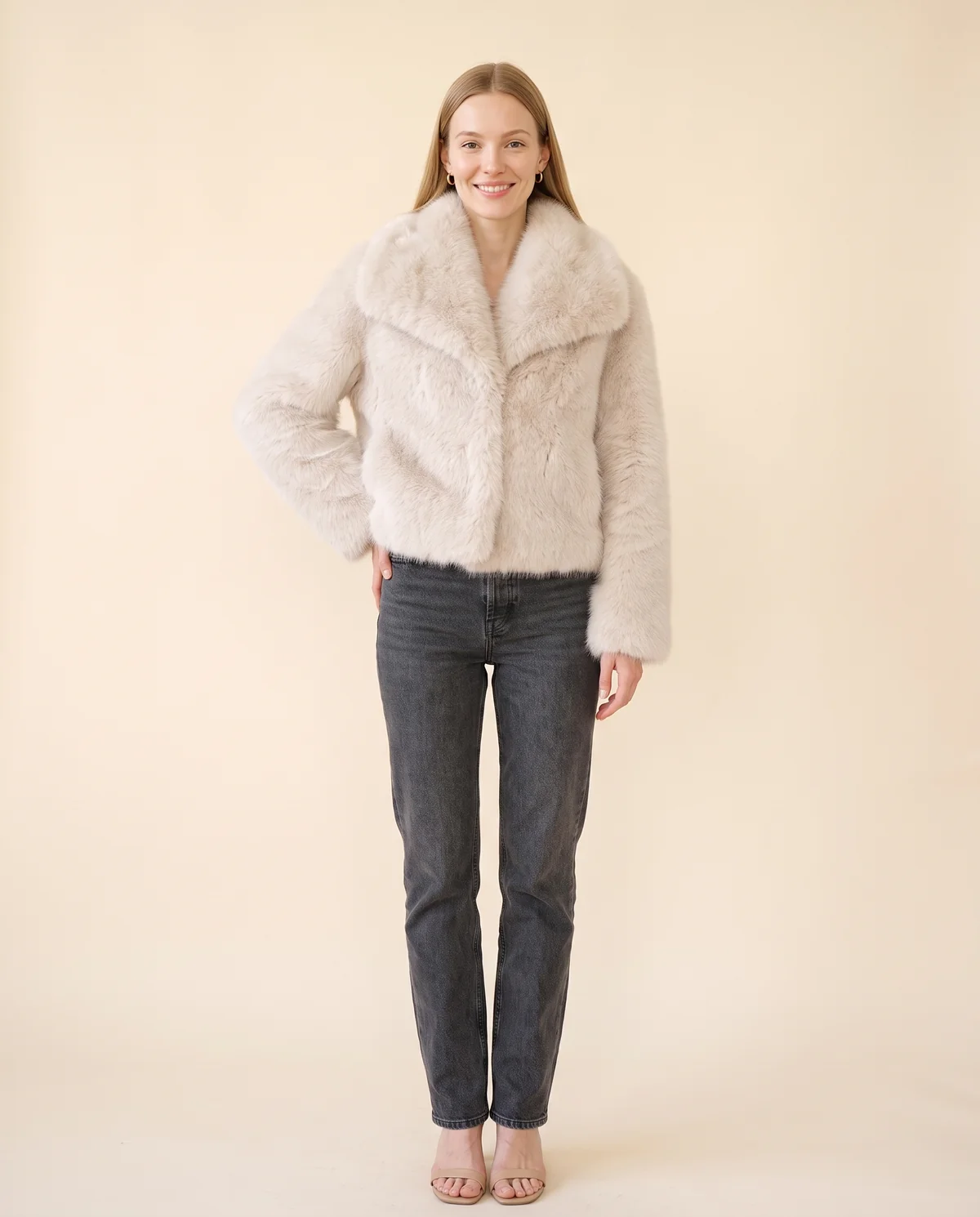 Ivory Faux Fur Short Jacket in Ivory, front view, worn by Maya