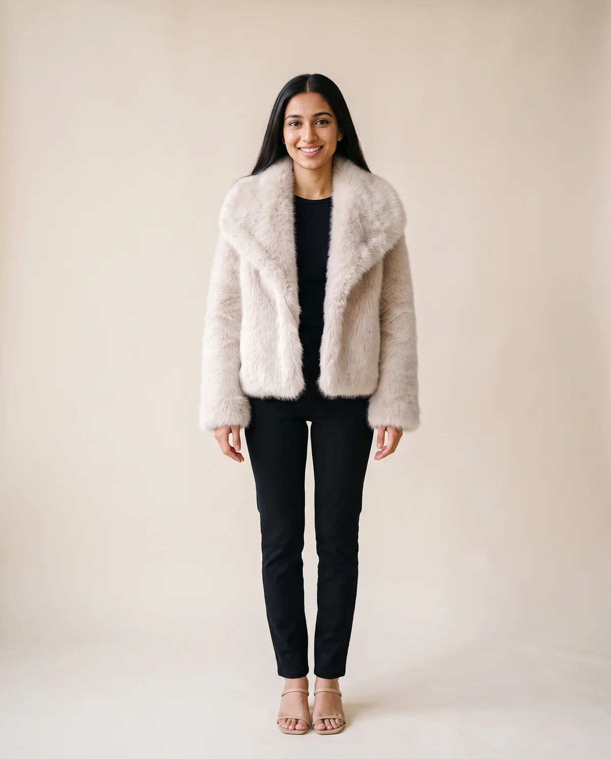 Ivory Faux Fur Short Jacket in Ivory, front view, worn by Priya