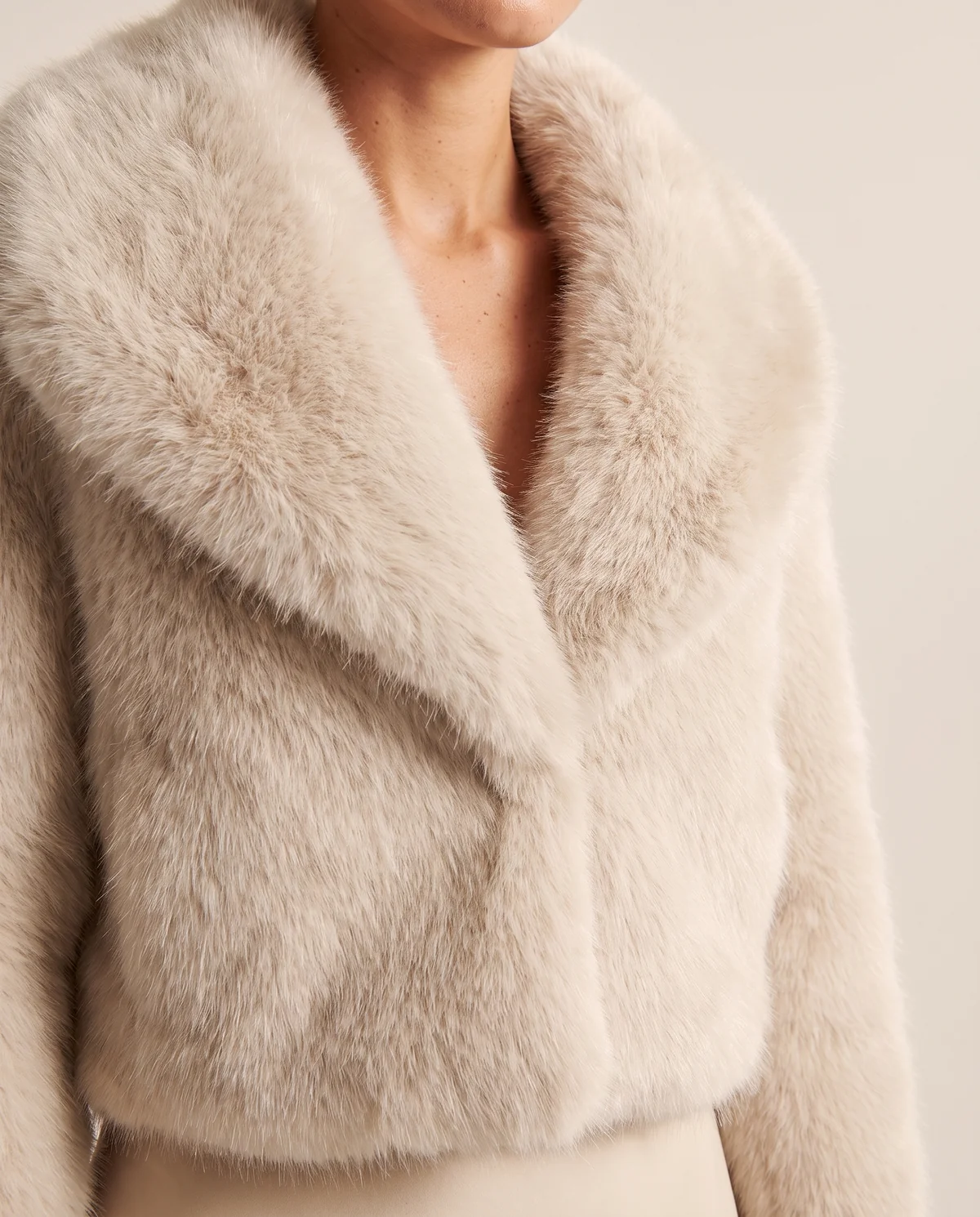 Ivory Faux Fur Short Jacket in Ivory, close-up of the detail