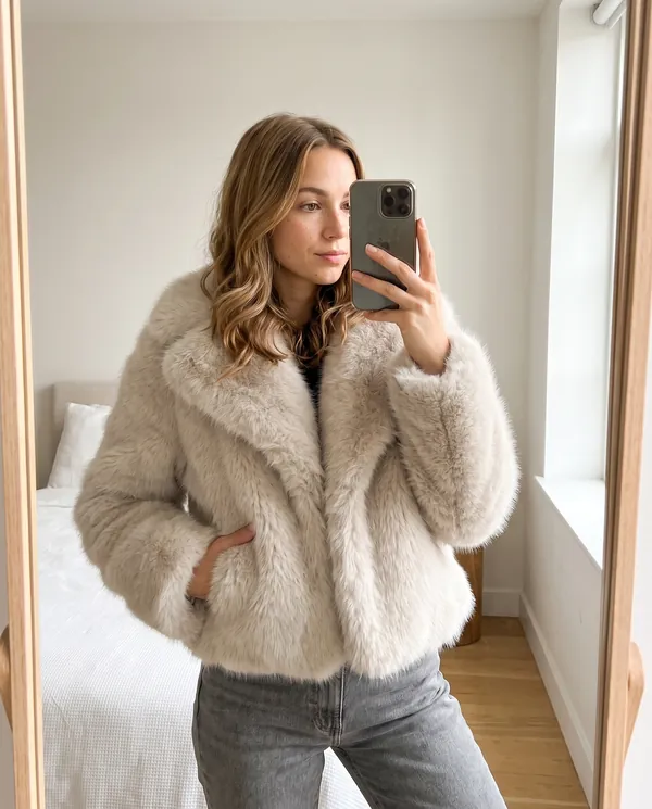 Satin Eve styling: Ivory Faux Fur Short Jacket