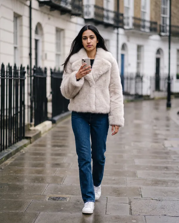 Satin Eve styling: Ivory Faux Fur Short Jacket