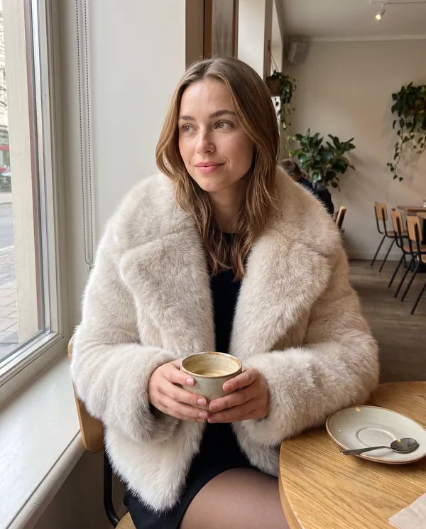 Satin Eve styling: Ivory Faux Fur Short Jacket