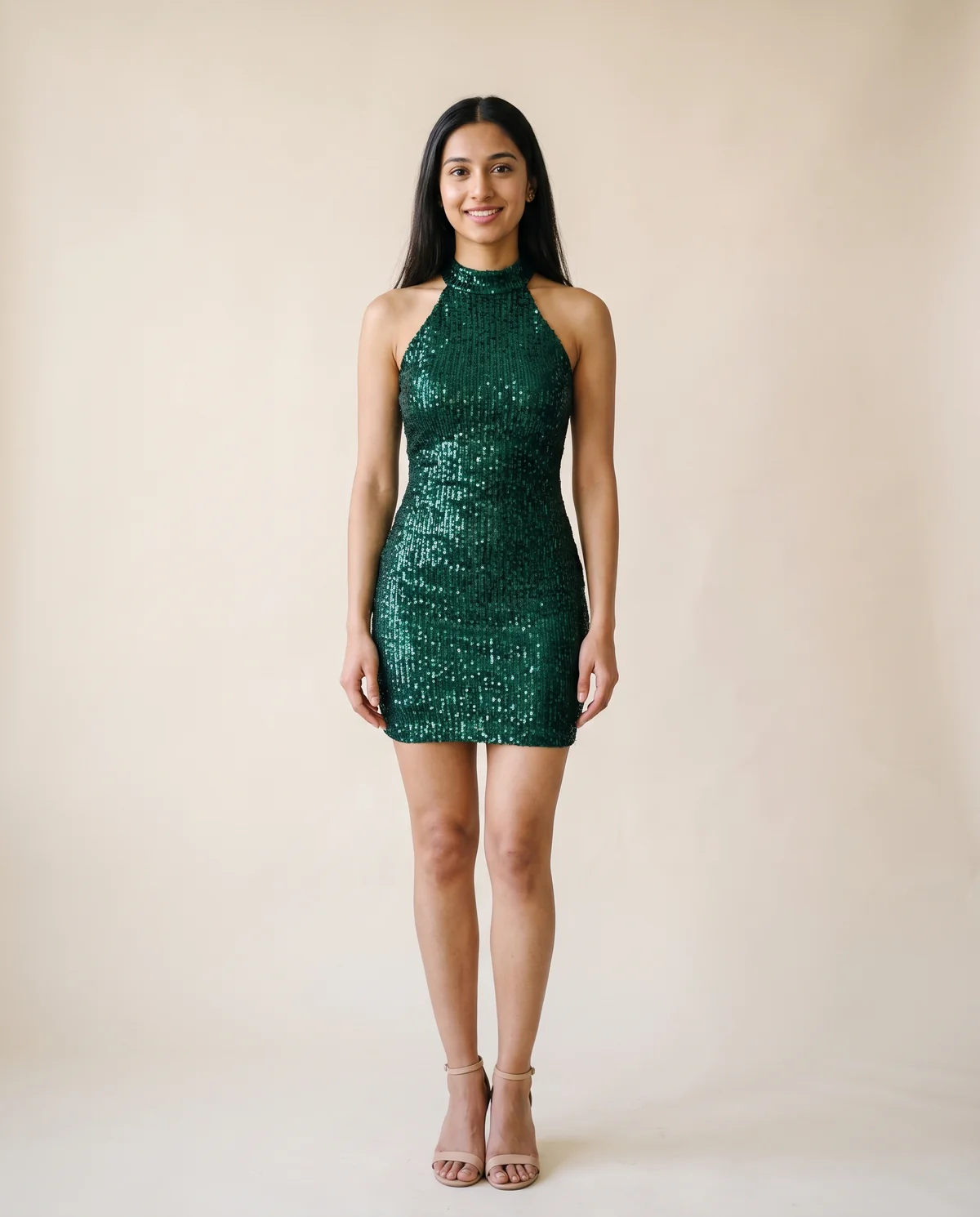 Sequin Halter Bodycon Mini Dress in Emerald, front view, worn by Priya