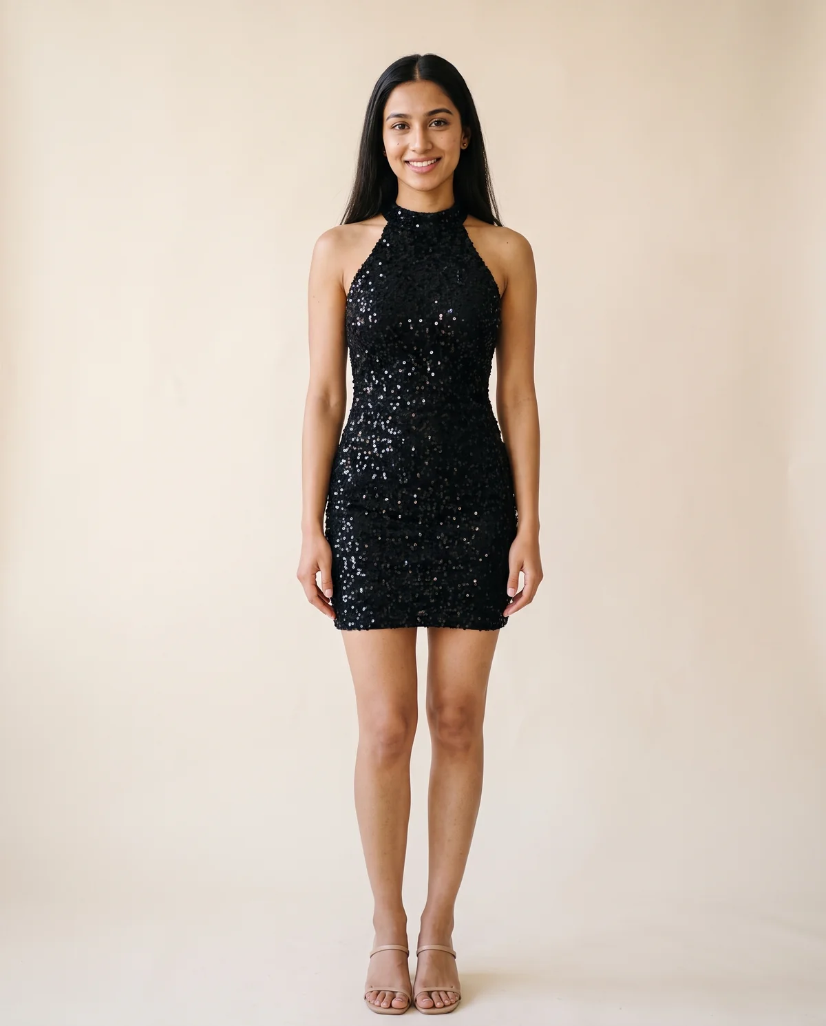 Sequin Halter Bodycon Mini Dress in Black, front view, worn by Priya