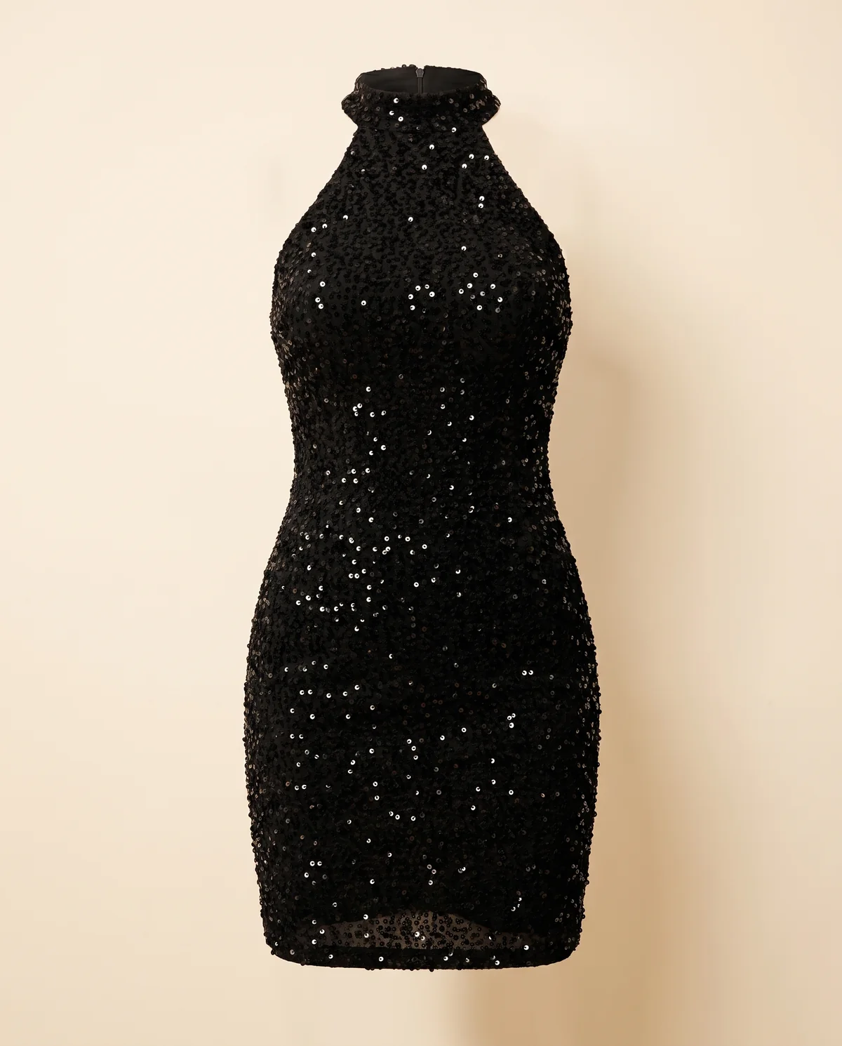 Sequin Halter Bodycon Mini Dress in Black, product shot on a plain background