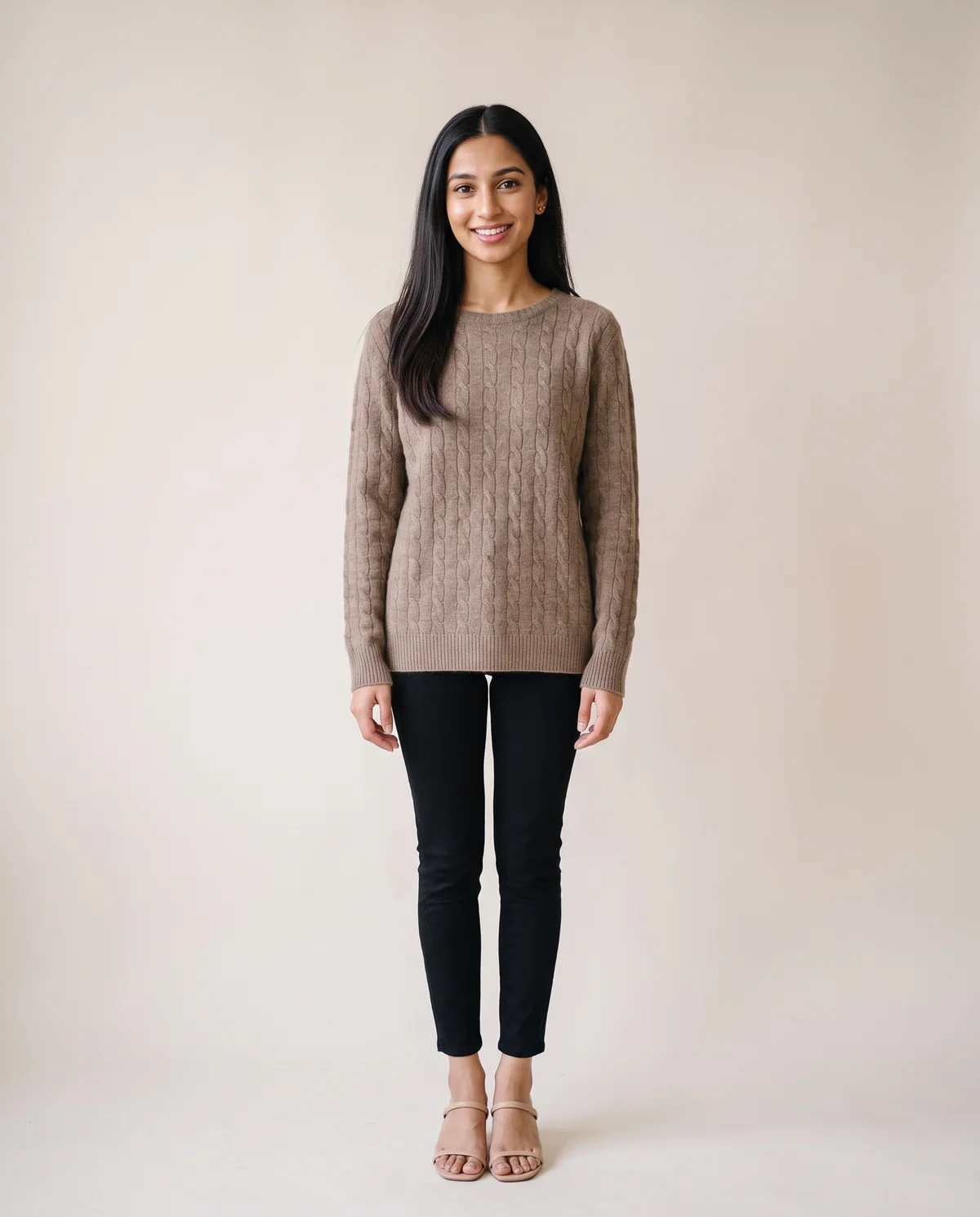 Soft Cable Knit Crew Neck Jumper in Mocha, front view, worn by Priya