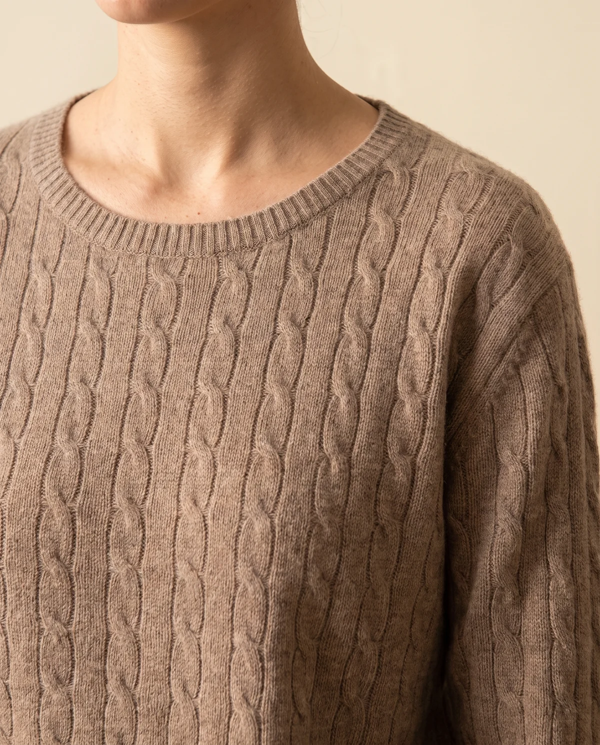 Soft Cable Knit Crew Neck Jumper in Mocha, close-up of the detail