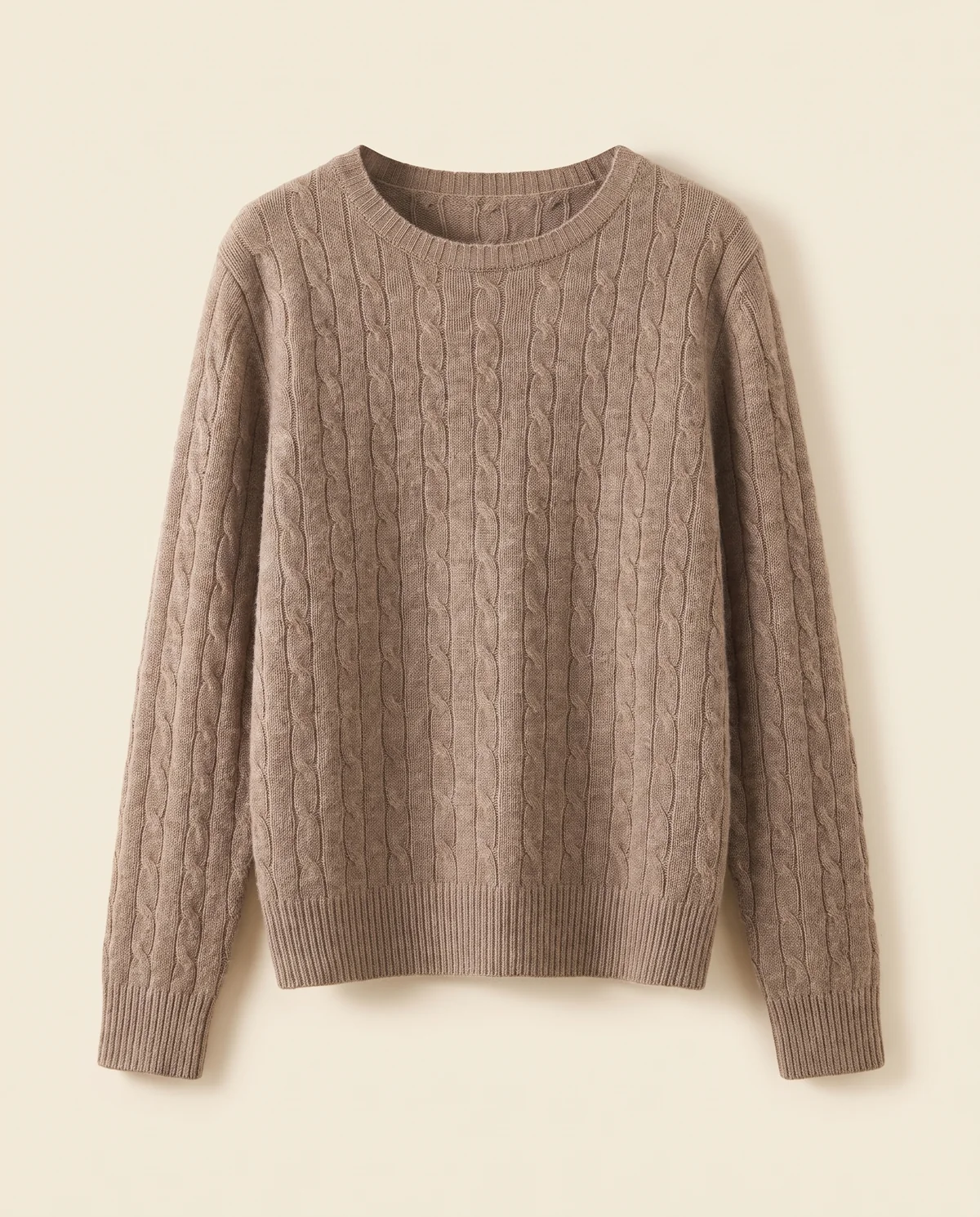 Soft Cable Knit Crew Neck Jumper in Mocha, product shot on a plain background