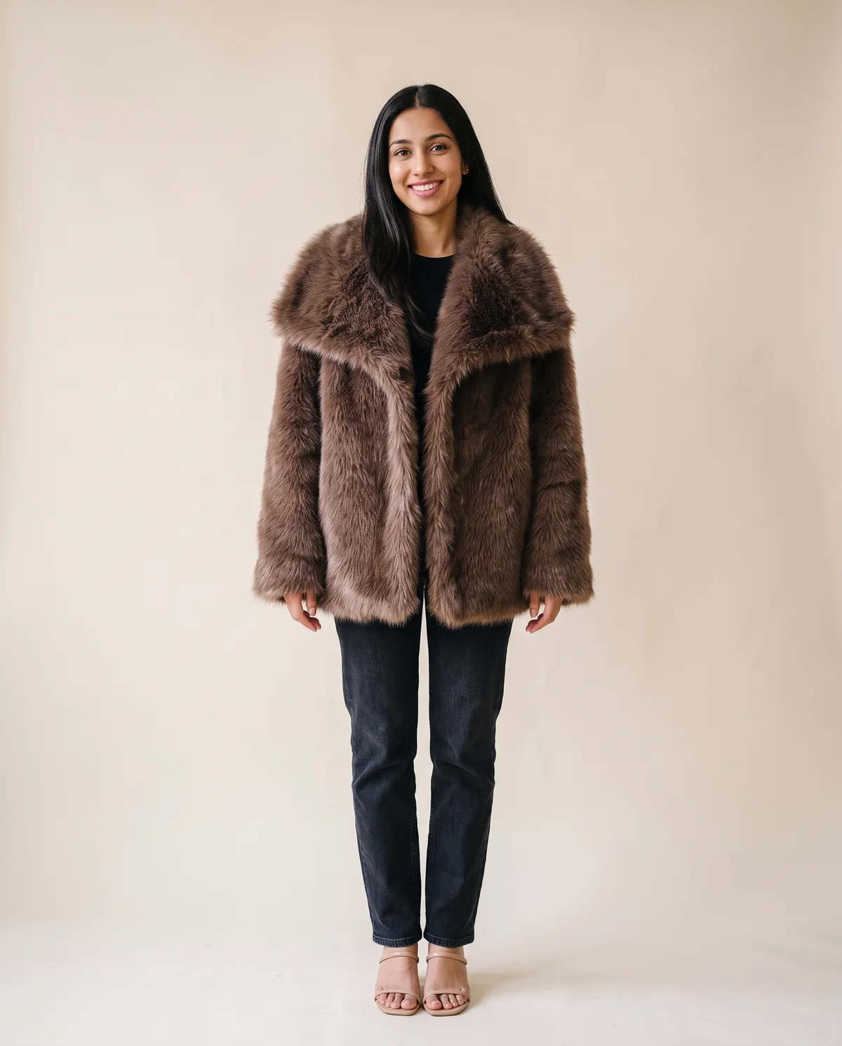 Big-Lapel Faux Fur Jacket in Mocha, front view, worn by Priya