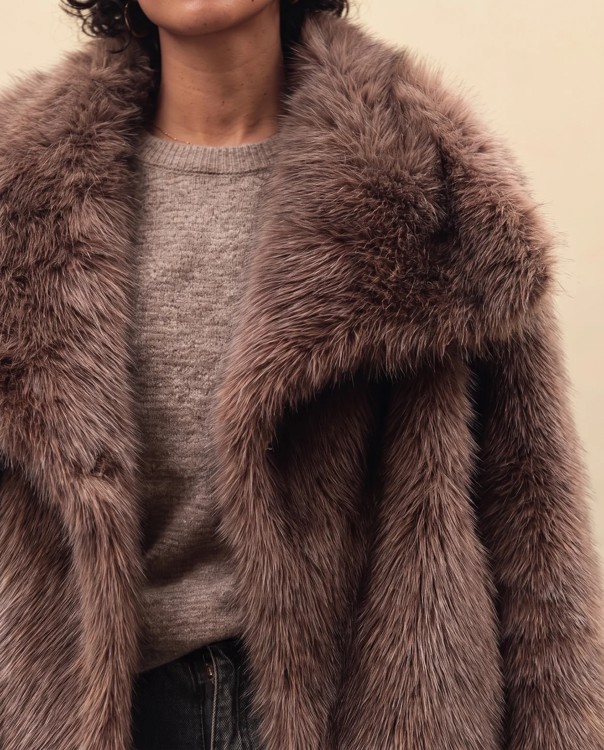 Big-Lapel Faux Fur Jacket in Mocha, close-up of the detail