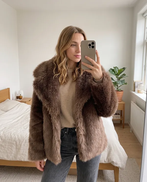 Satin Eve styling: Big-Lapel Faux Fur Jacket