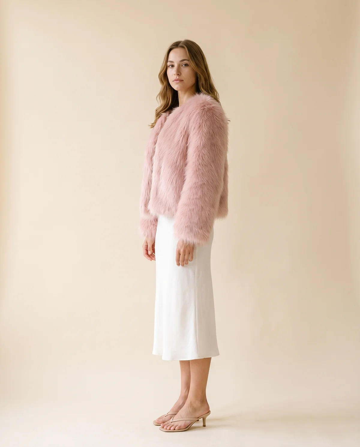 Blush Faux Fur Open Jacket in Blush, side view, worn by Ava