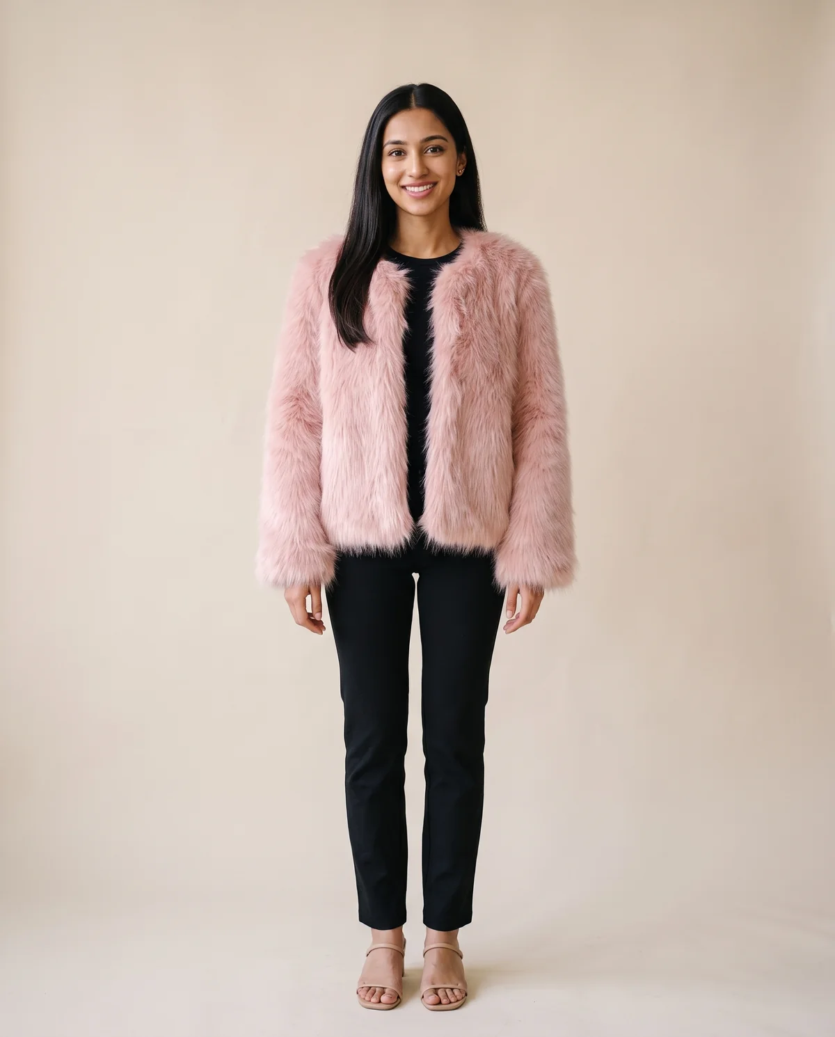 Blush Faux Fur Open Jacket in Blush, front view, worn by Priya