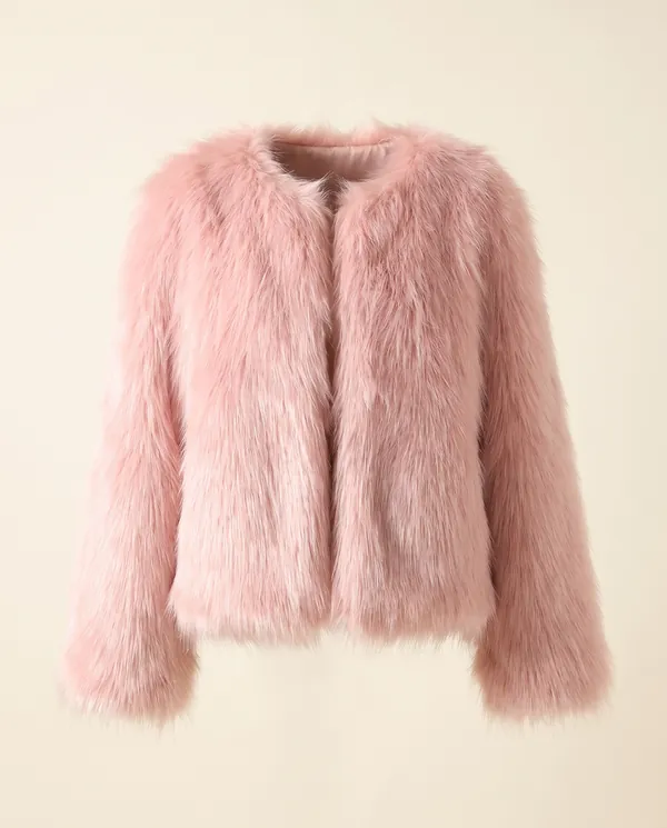 Blush Faux Fur Open Jacket in Blush, product shot on a plain background