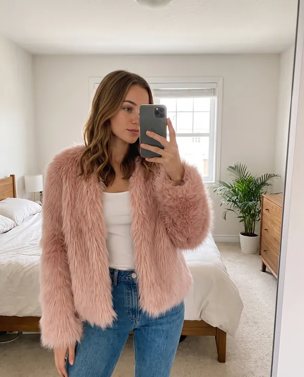 Satin Eve styling: Blush Faux Fur Open Jacket