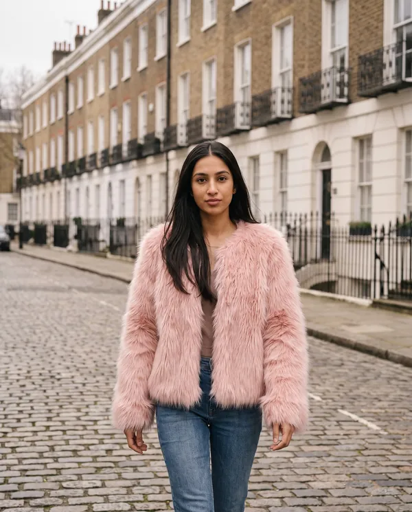 Satin Eve styling: Blush Faux Fur Open Jacket