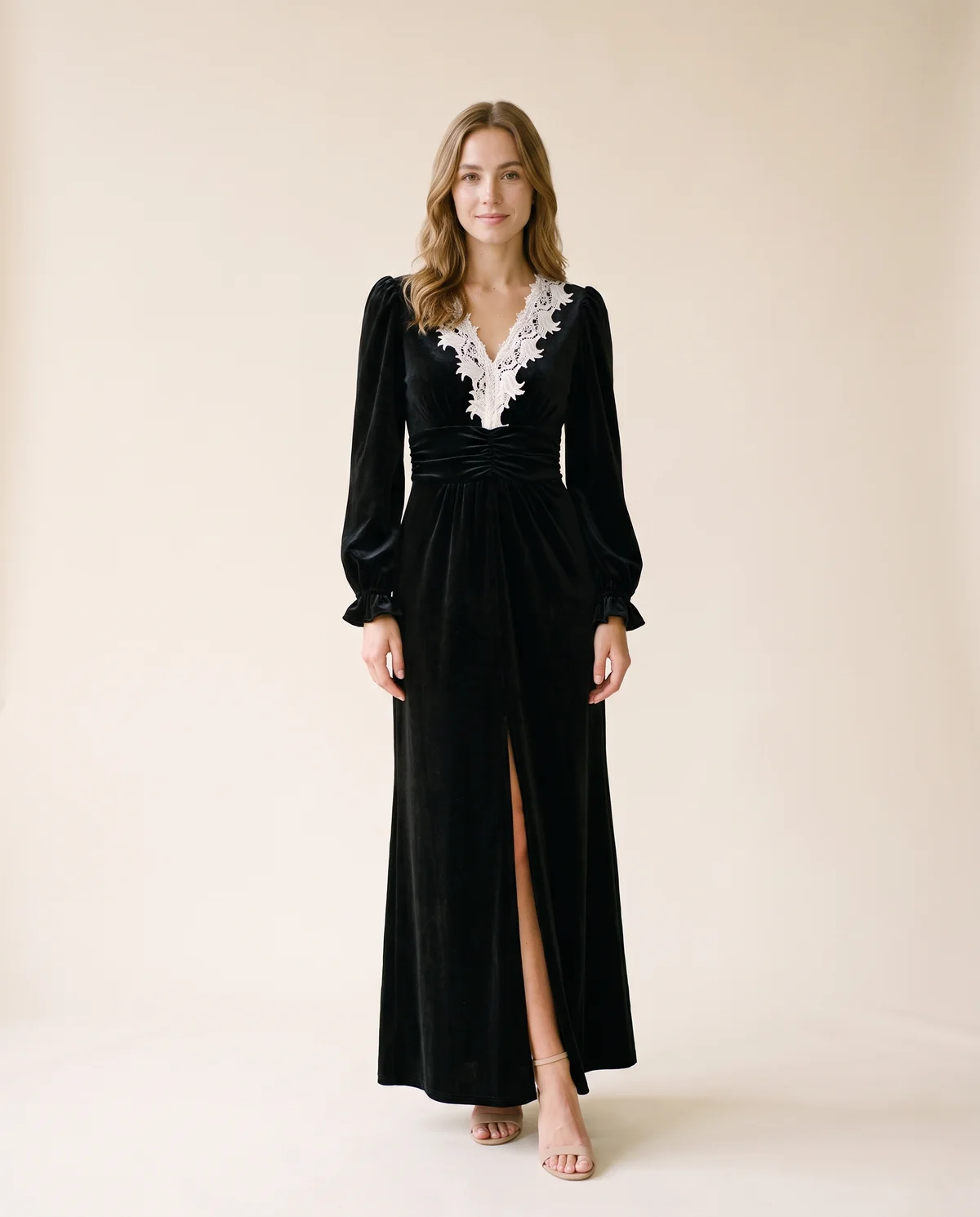 Velvet Lace-Collar Slit Maxi Dress in Black, front view, worn by Ava