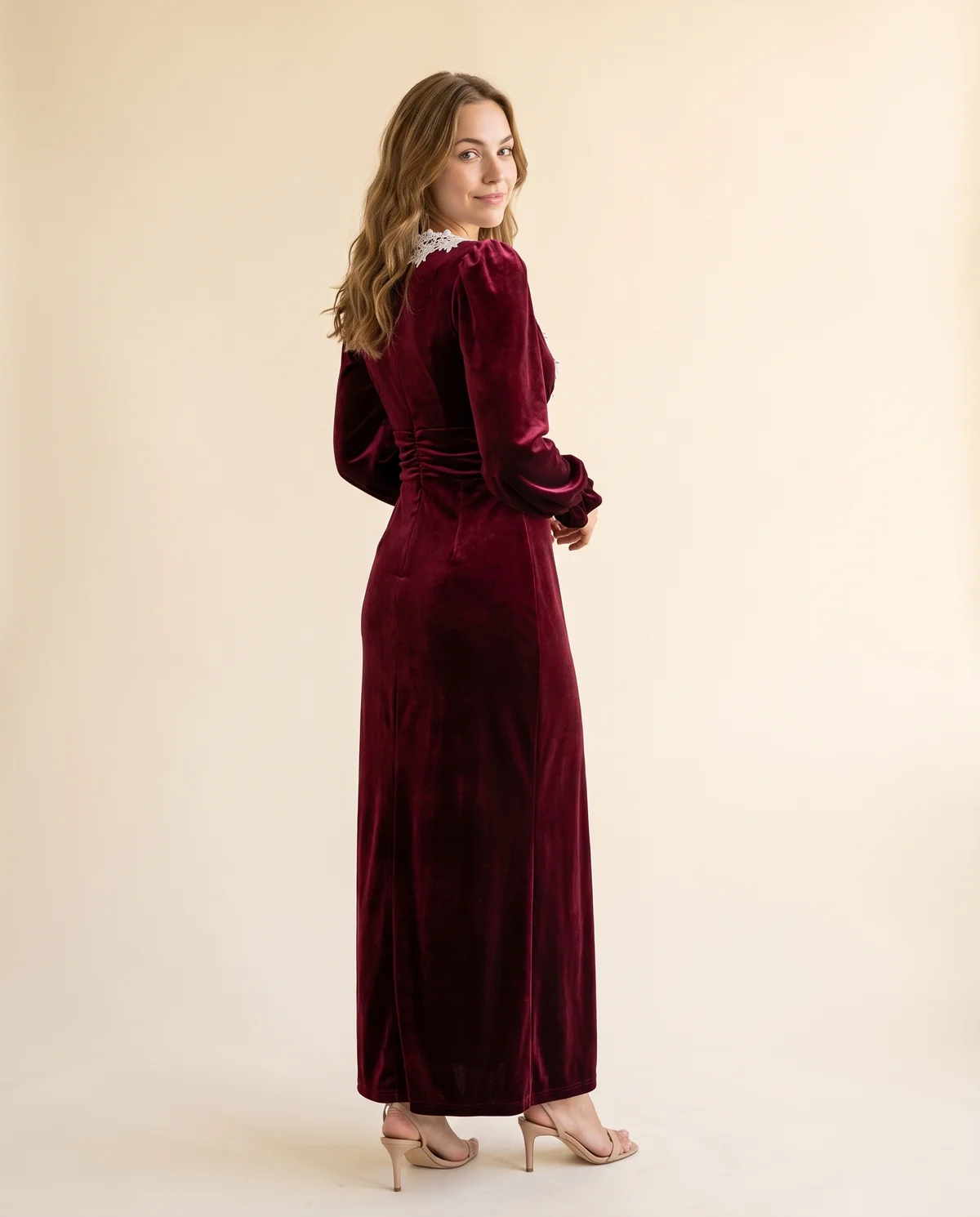 Velvet Lace-Collar Slit Maxi Dress in Wine, back view, worn by Ava