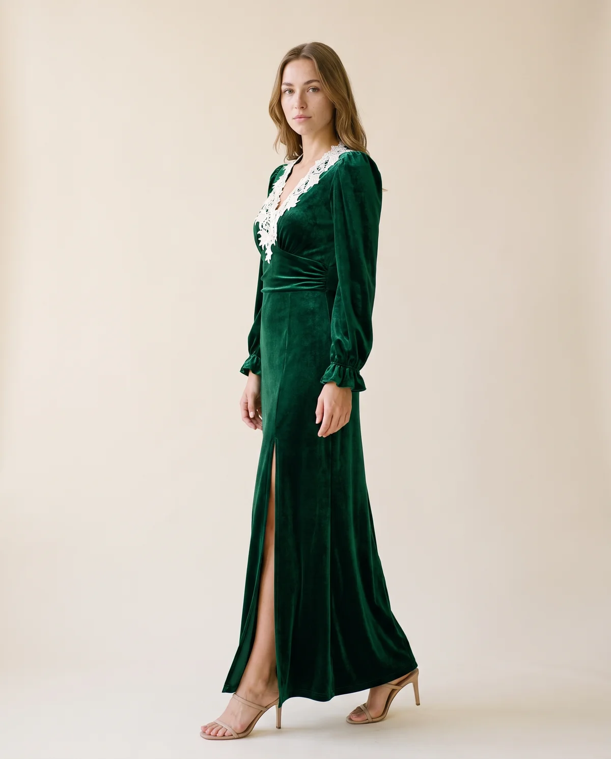 Velvet Lace-Collar Slit Maxi Dress in Emerald, side view, worn by Ava