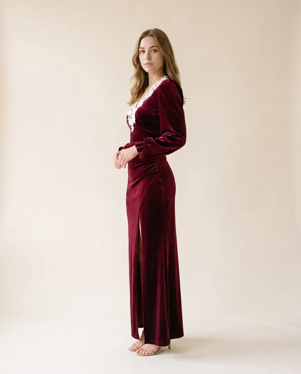 Velvet Lace-Collar Slit Maxi Dress in Wine, side view, worn by Ava