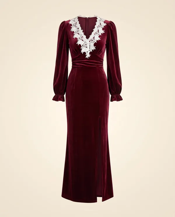 Velvet Lace-Collar Slit Maxi Dress in Wine, product shot on a plain background