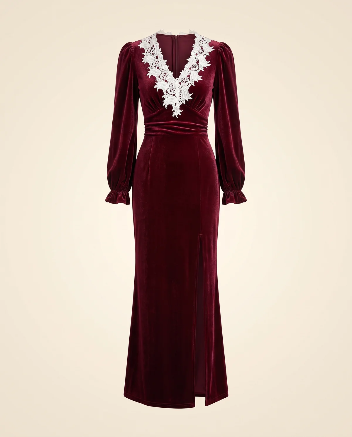 Velvet Lace-Collar Slit Maxi Dress in Wine, product shot on a plain background