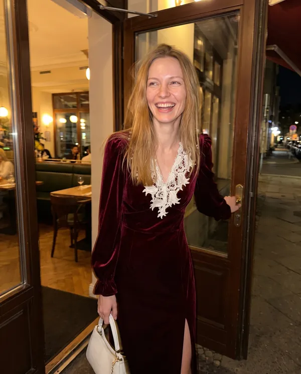 Satin Eve styling: Velvet Lace-Collar Slit Maxi Dress