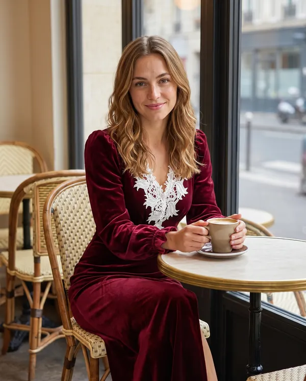 Satin Eve styling: Velvet Lace-Collar Slit Maxi Dress