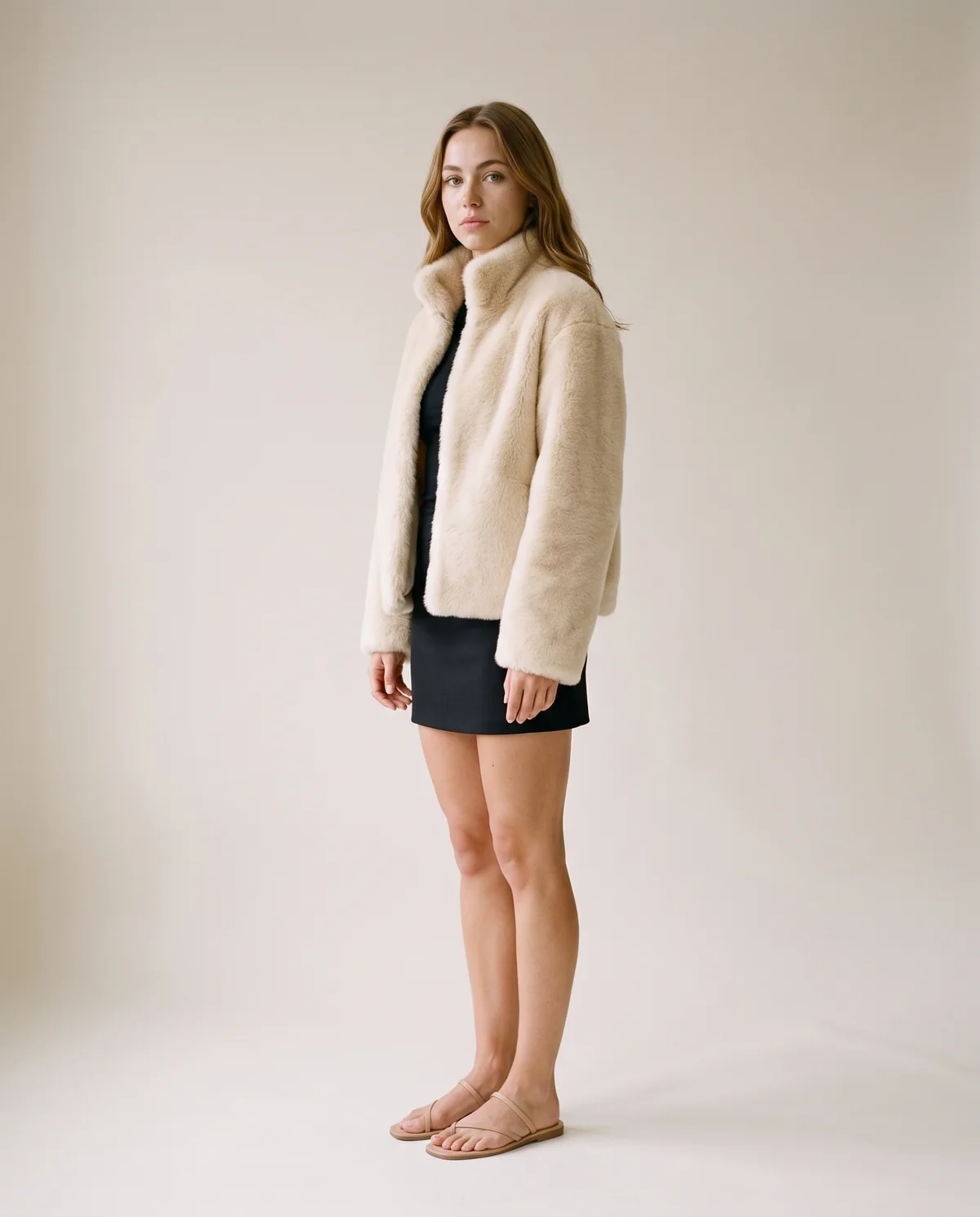 Cream Faux Fur Stand-Collar Jacket in Cream, side view, worn by Ava