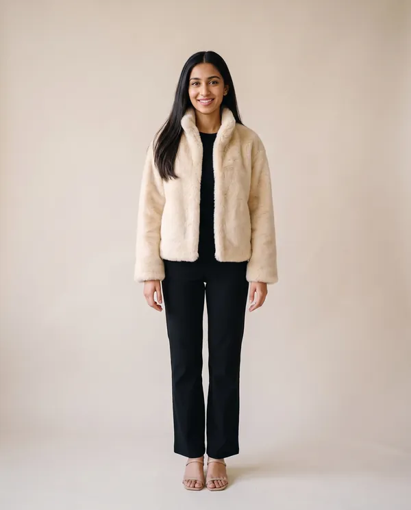 Cream Faux Fur Stand-Collar Jacket in Cream, front view, worn by Priya