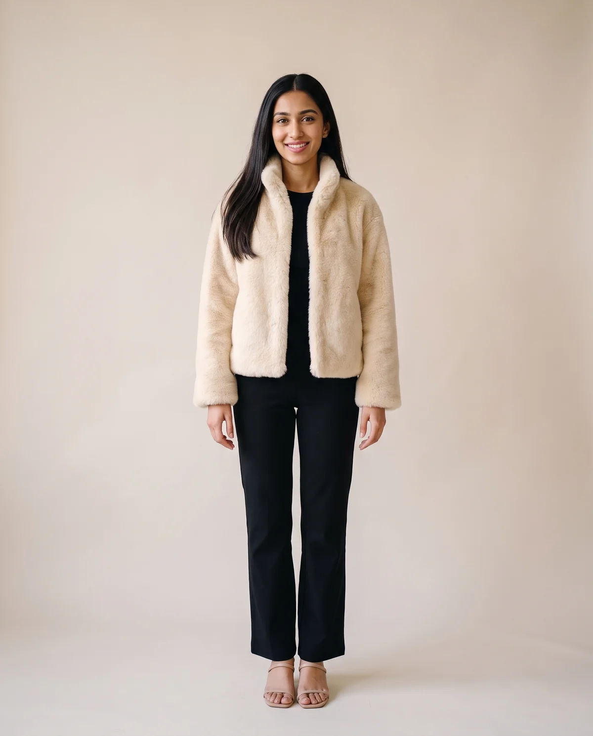 Cream Faux Fur Stand-Collar Jacket in Cream, front view, worn by Priya