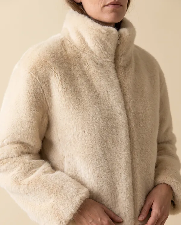 Cream Faux Fur Stand-Collar Jacket in Cream, close-up of the detail